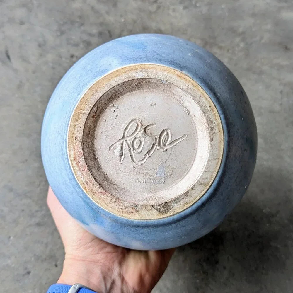 Vintage Cottagecore Shabby Chic Blue Painted Wide Mouth Ceramic Vase
